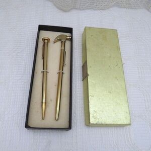 Vintage Hammer and Nail Pen and Pencil Set Gold Toned In Original Box